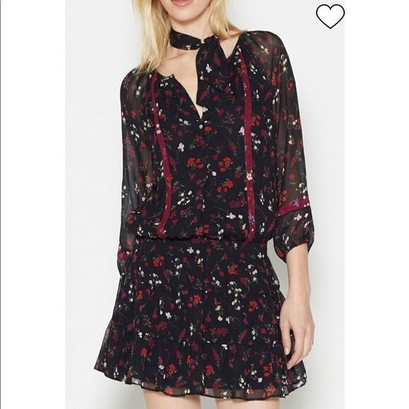 Joie Grover Floral Neck Tie Silk Dress in Black/Multi - Picture 1 of 11
